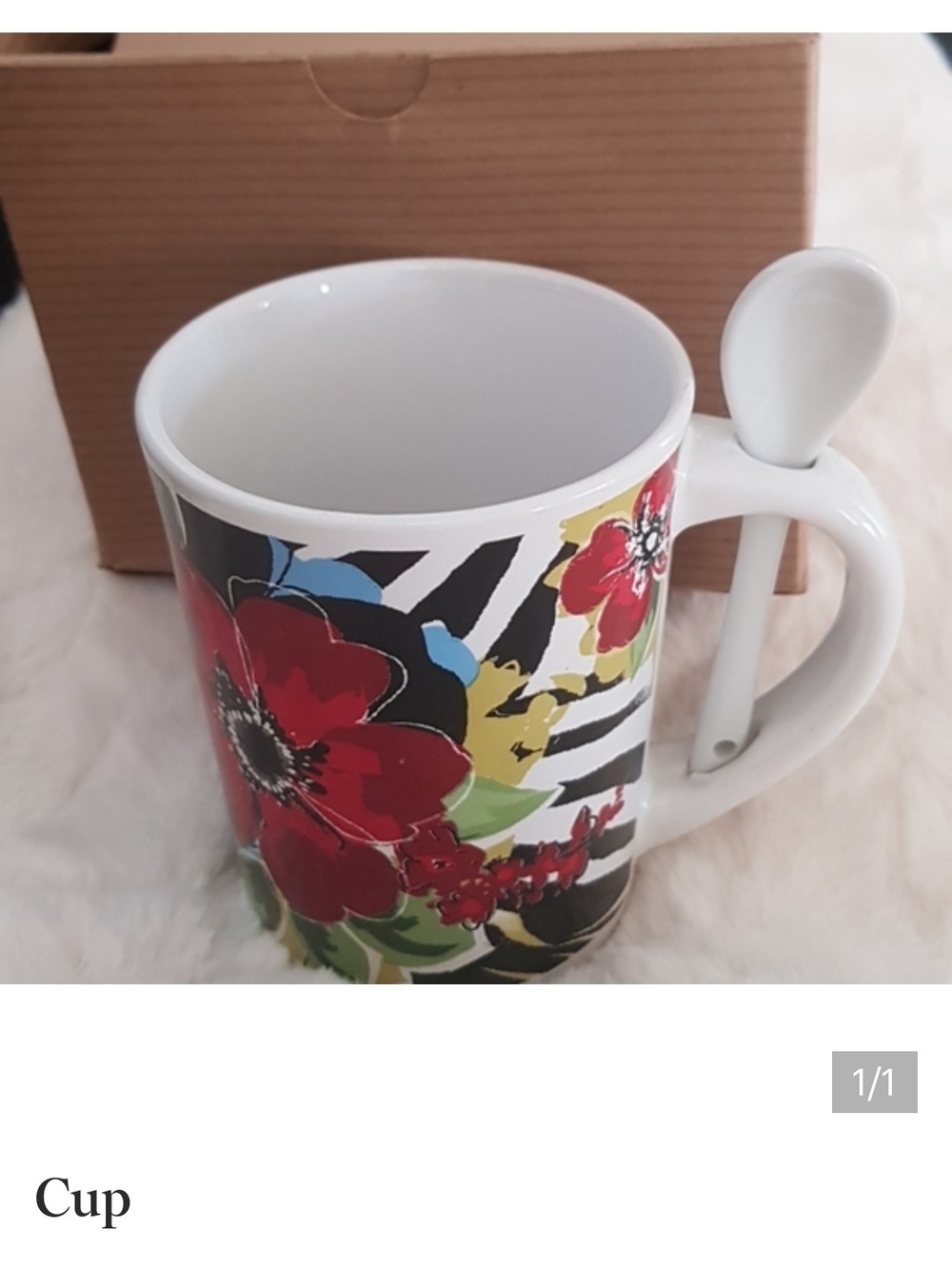 Floral Ceramic Mug with Spoon - Red, Black, Yellow Accents